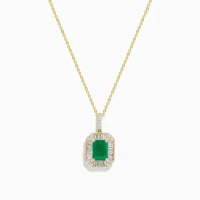 14K Yellow Gold Baguette Diamond Halo Emerald Pendant