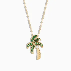 14K Yellow Gold Emerald and Diamond Palm Tree Pendant, 0.34 TCW