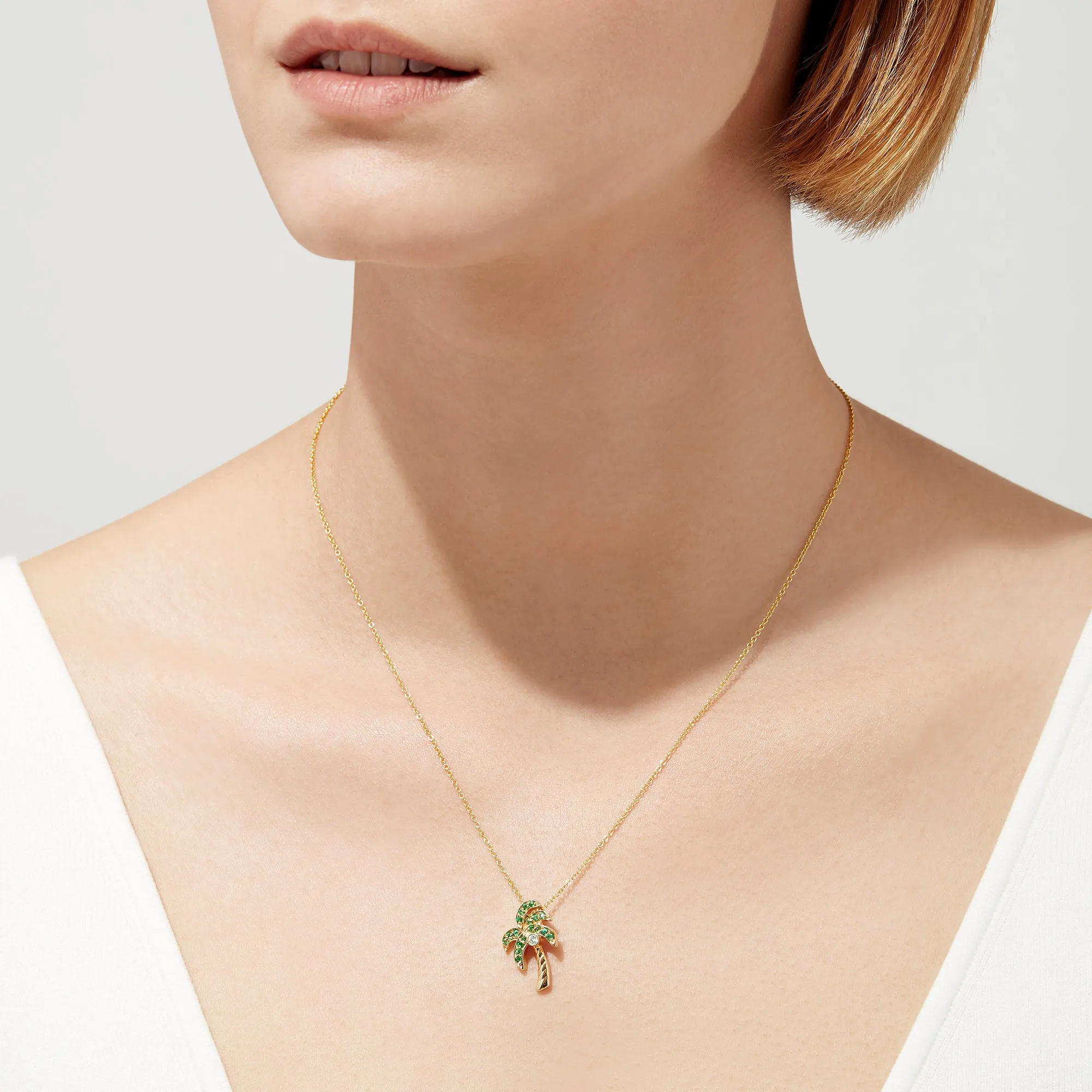 14K Yellow Gold Emerald and Diamond Palm Tree Pendant, 0.34 TCW