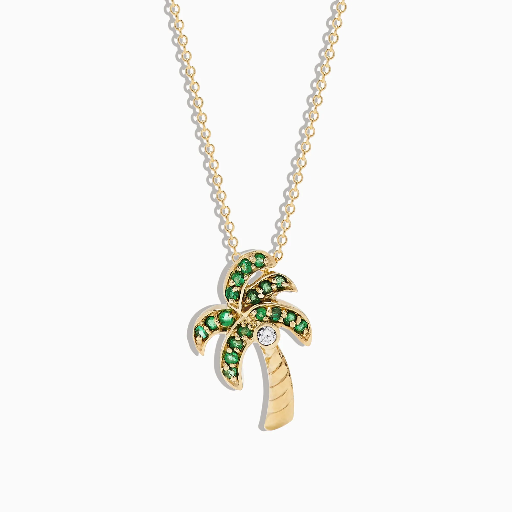 14K Yellow Gold Emerald and Diamond Palm Tree Pendant, 0.34 TCW