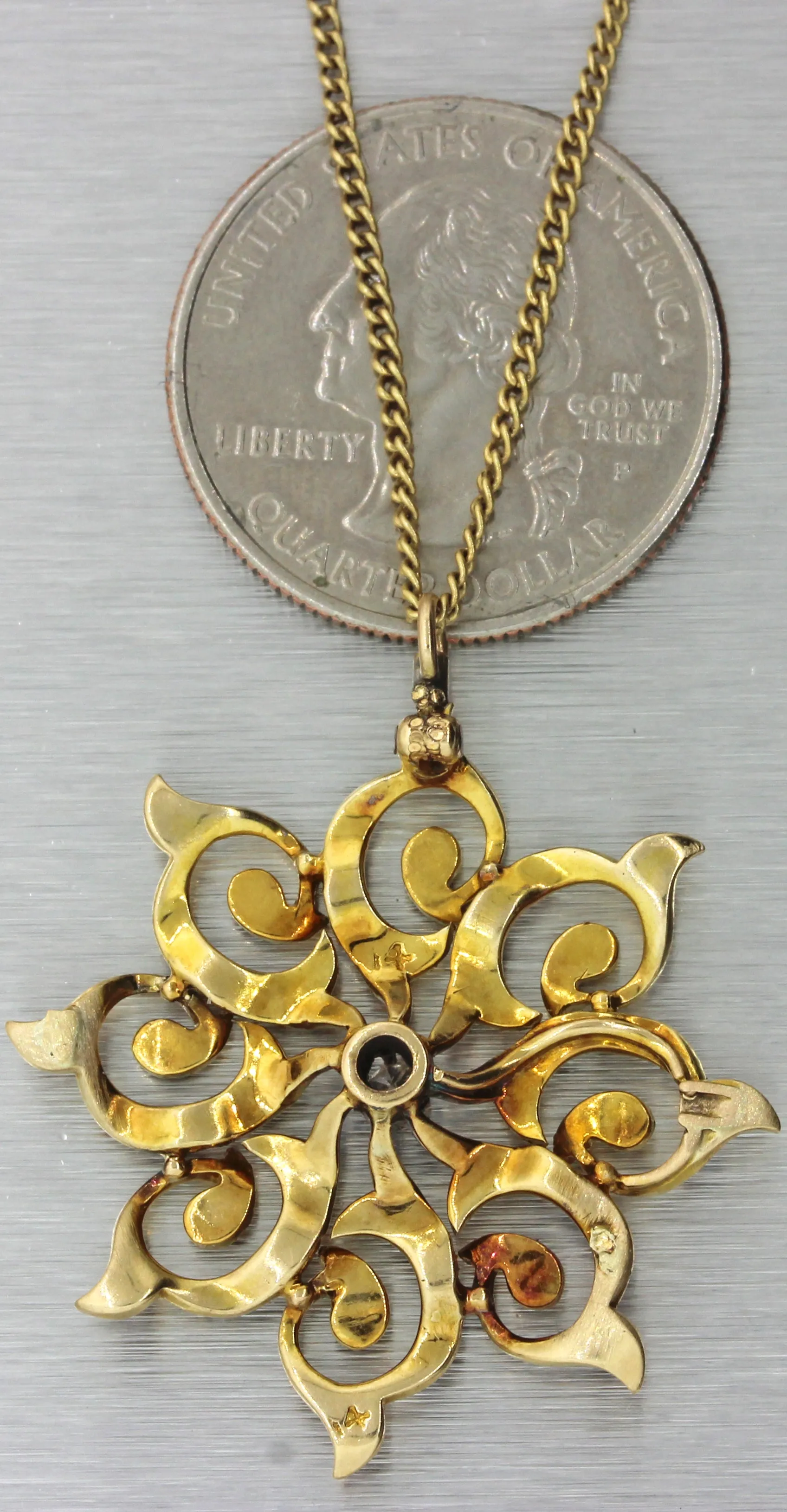 1920s Antique Art Deco Nouveau 14k Yellow Gold Diamond Seed Pearl Pendant
