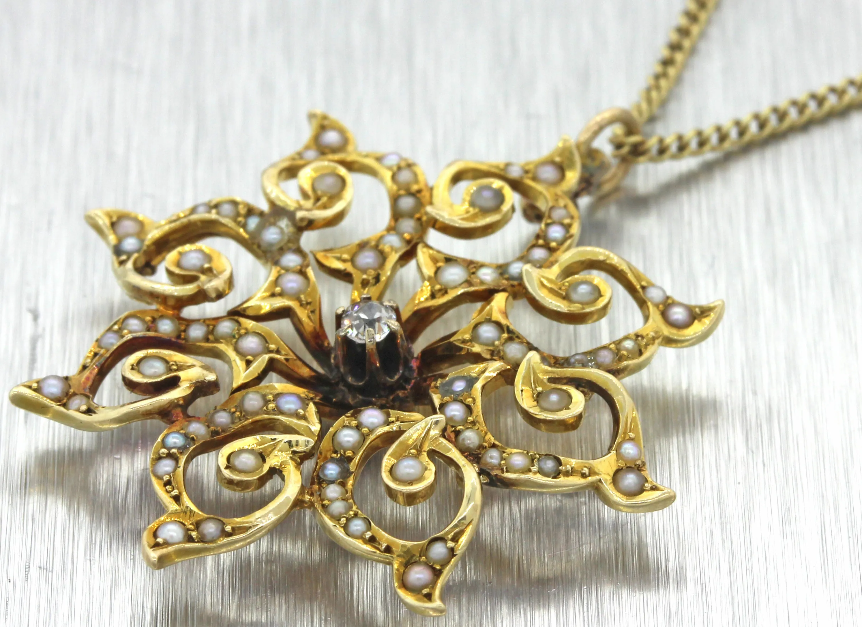 1920s Antique Art Deco Nouveau 14k Yellow Gold Diamond Seed Pearl Pendant