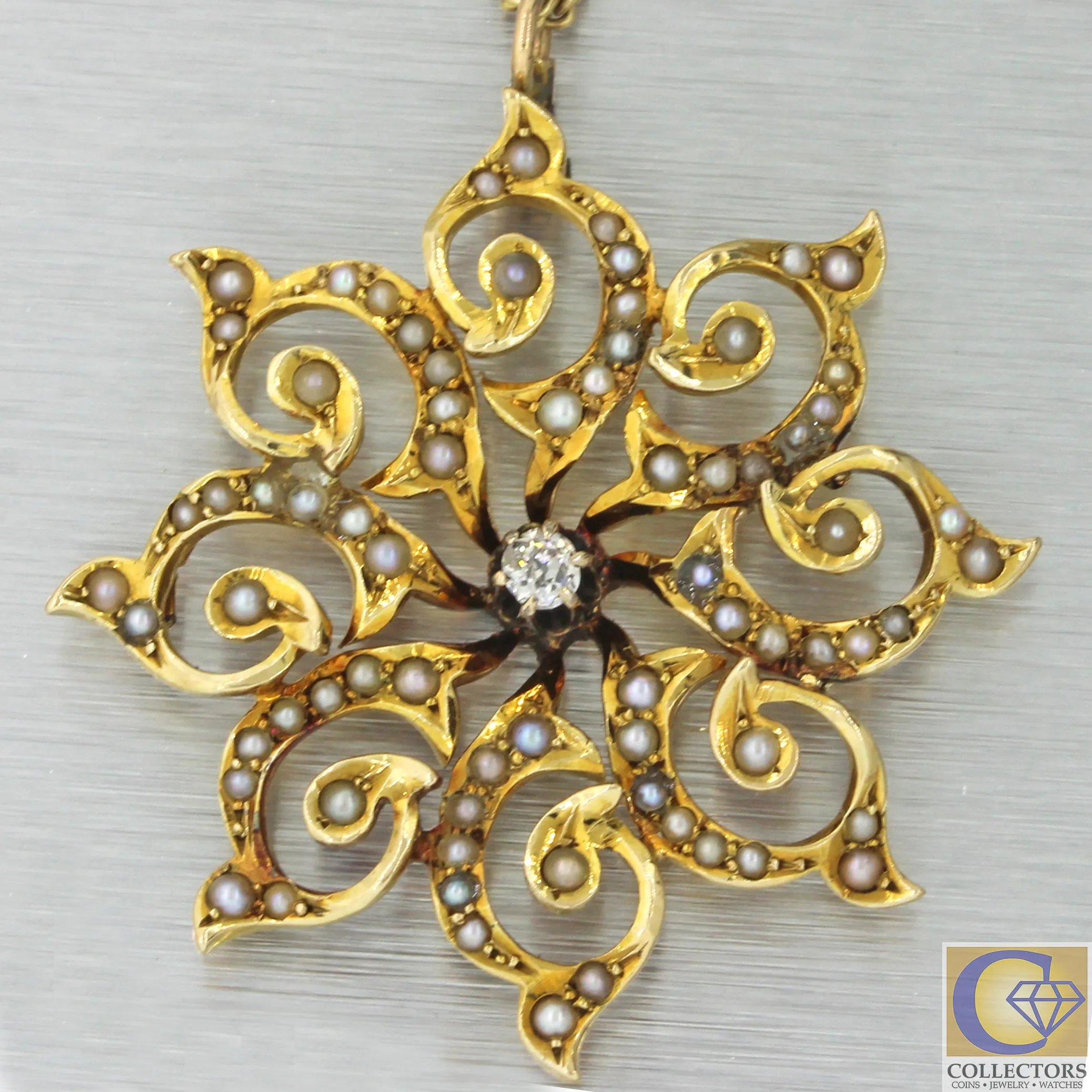 1920s Antique Art Deco Nouveau 14k Yellow Gold Diamond Seed Pearl Pendant
