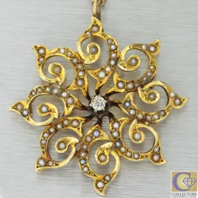 1920s Antique Art Deco Nouveau 14k Yellow Gold Diamond Seed Pearl Pendant