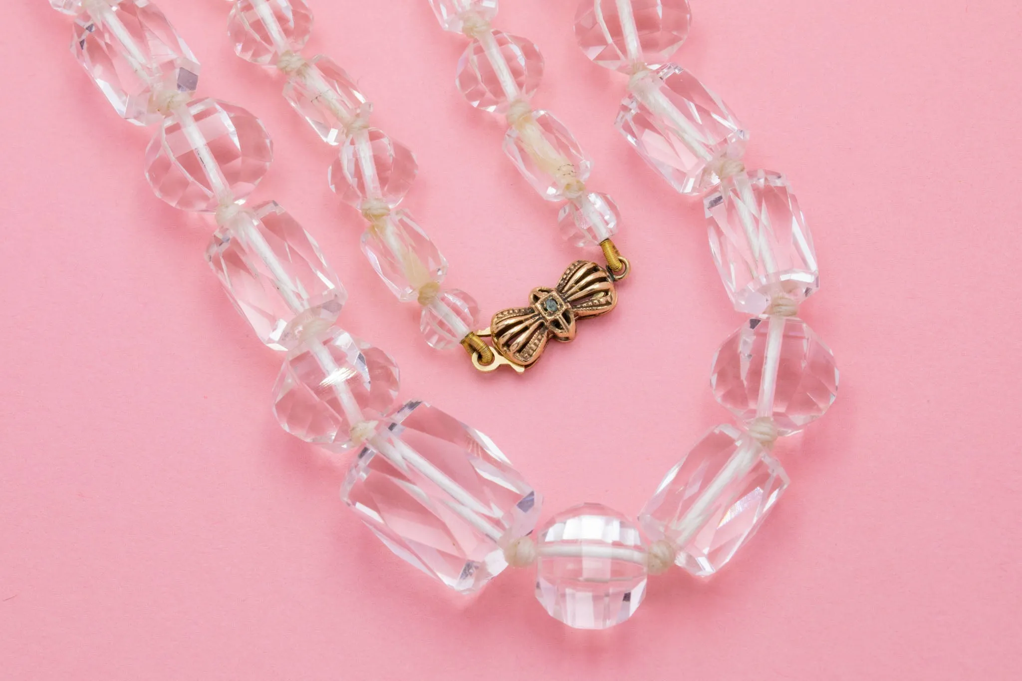 66" Art Deco Faceted Rock Crystal Necklace, 9ct Gold Diamond Clasp