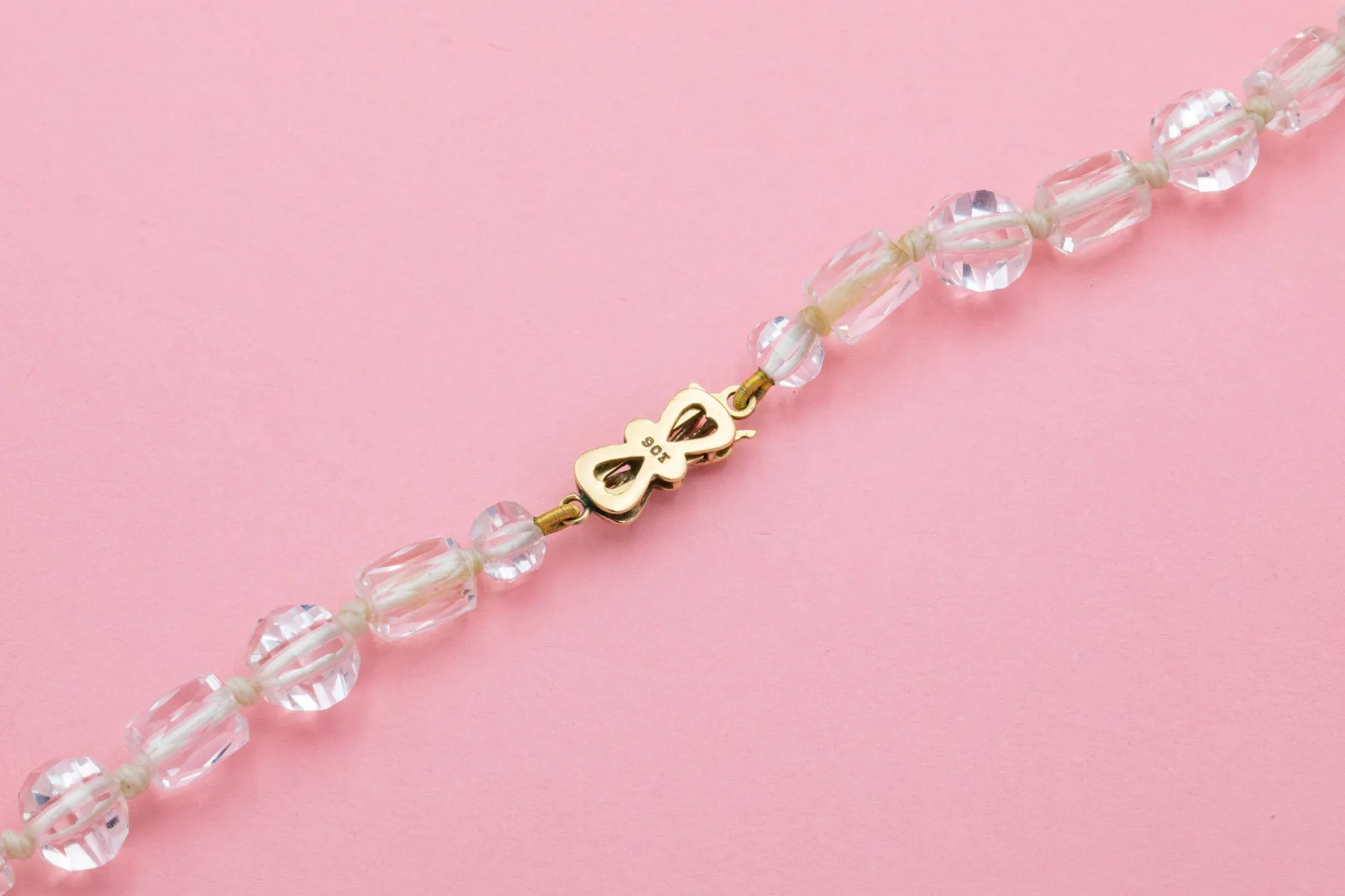 66" Art Deco Faceted Rock Crystal Necklace, 9ct Gold Diamond Clasp