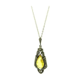 Art Deco 1920s Glass Marcasite Silver Pendant Necklace