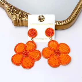 Beaded Flower Earrings in Orange with Crystal Stones
