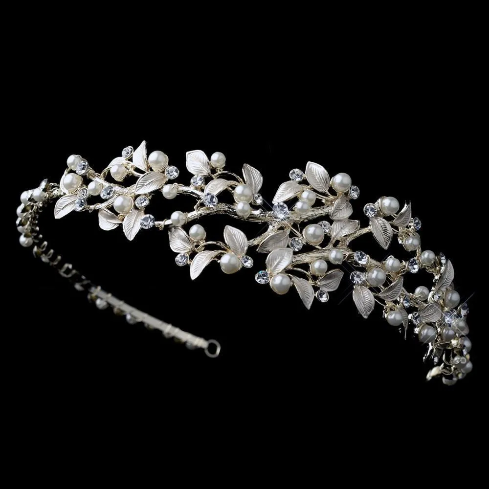 Beautiful Light Gold, or Silver Pearl & Crystal Leaf Pearl Bridal Headband