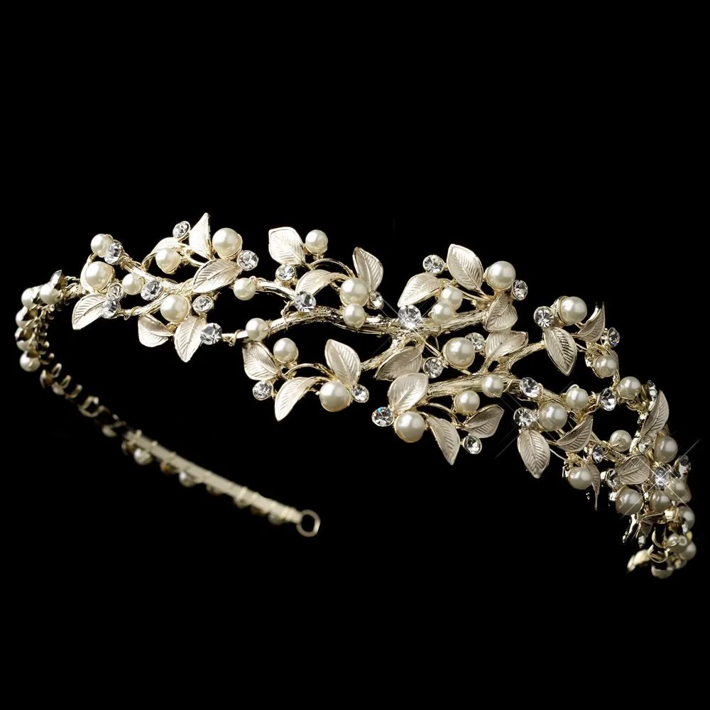 Beautiful Light Gold, or Silver Pearl & Crystal Leaf Pearl Bridal Headband