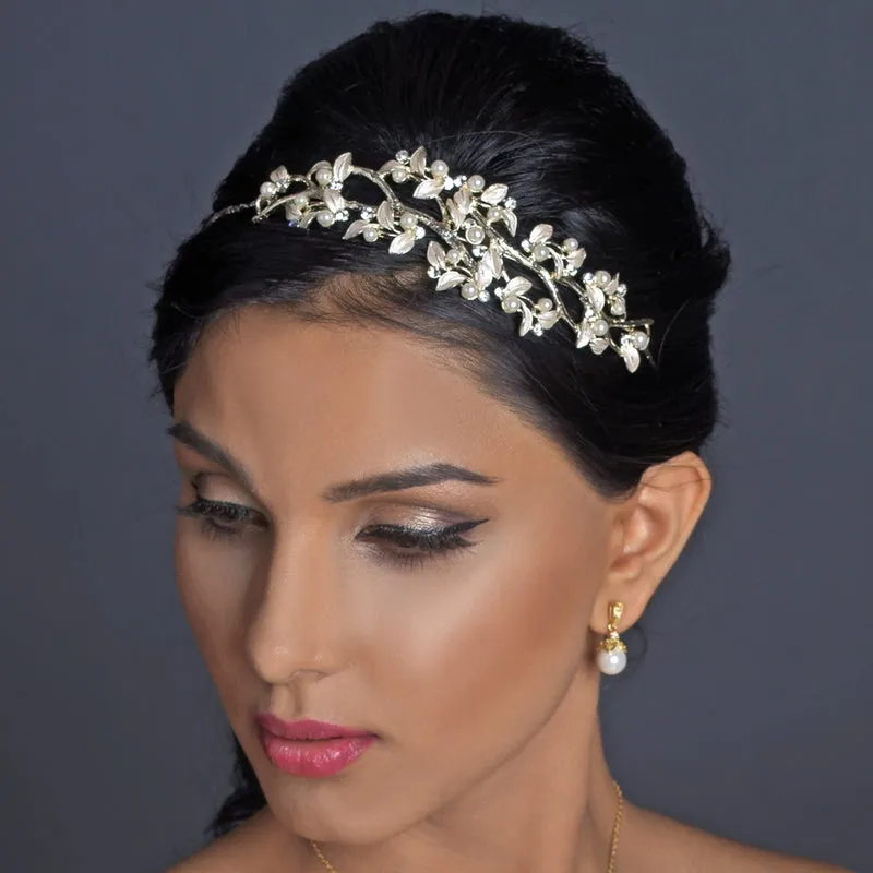 Beautiful Light Gold, or Silver Pearl & Crystal Leaf Pearl Bridal Headband