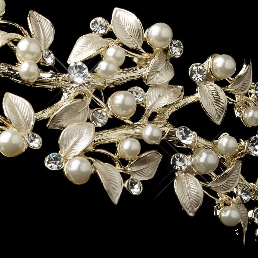 Beautiful Light Gold, or Silver Pearl & Crystal Leaf Pearl Bridal Headband