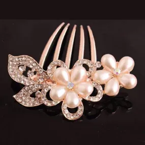 Bouquet Crystal and Pearl Flower Gold Plated Hair Comb