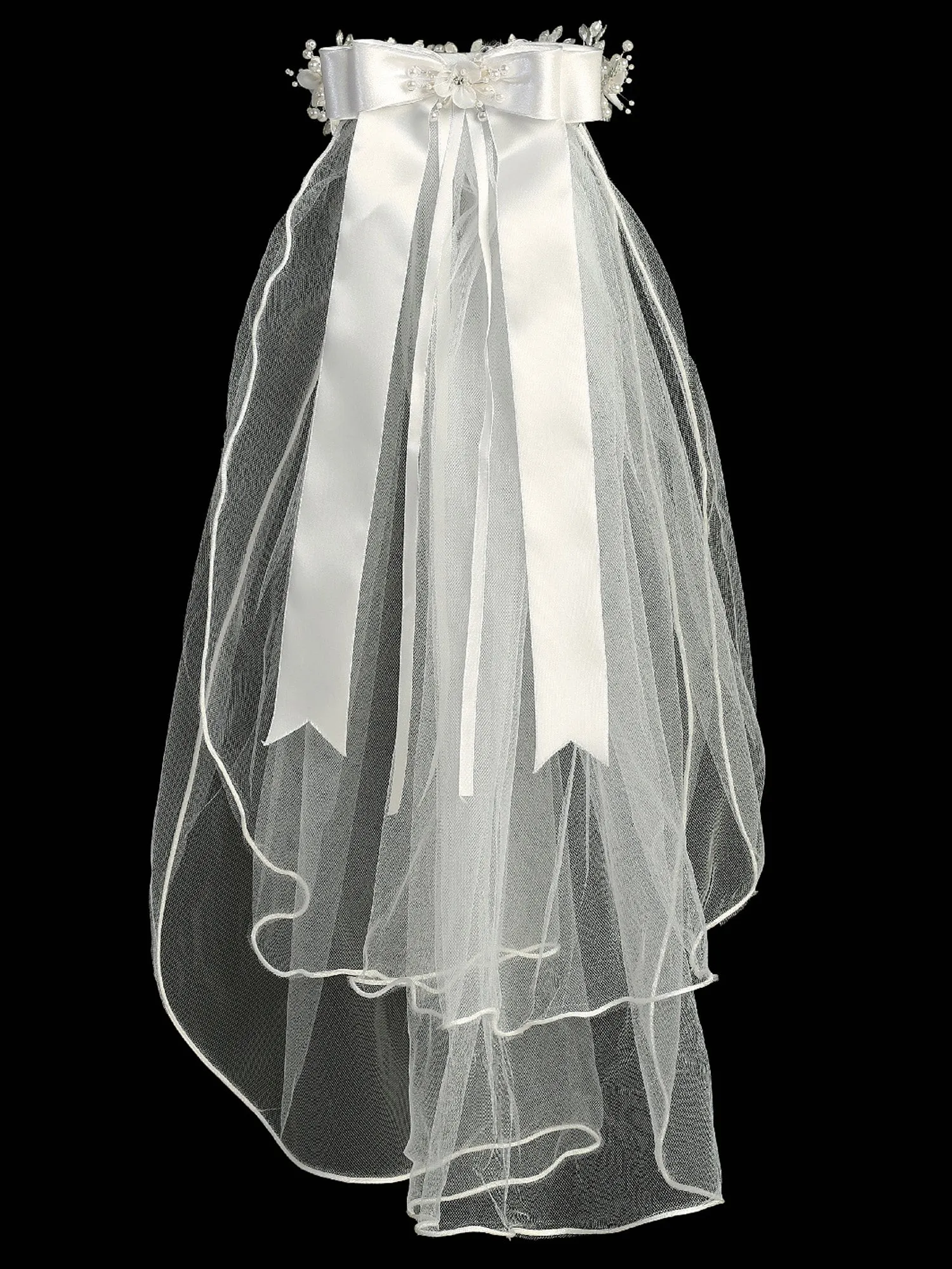 Girls White 24 Inch Rhinestone Pearl Silk Organza Flower Communion Veil