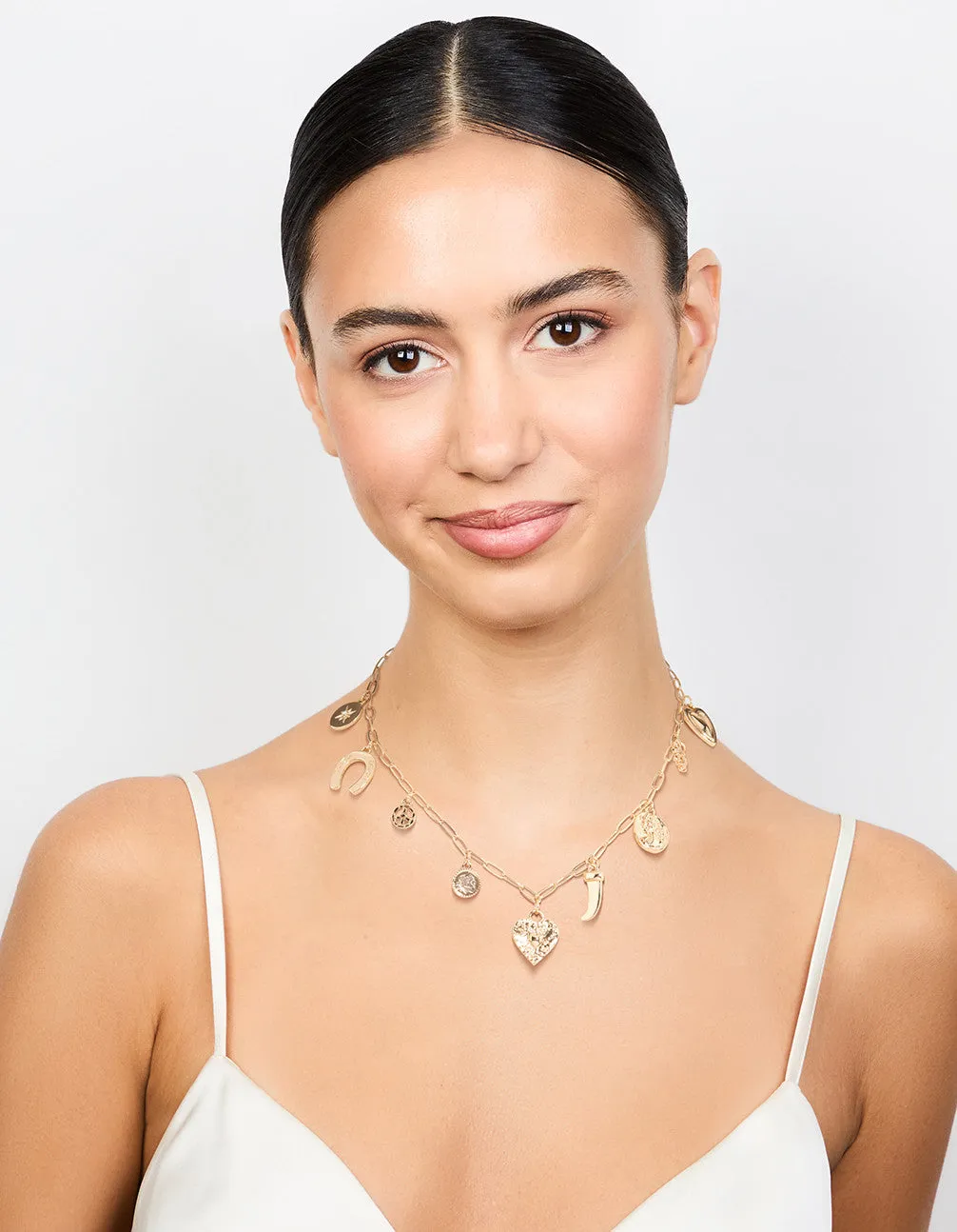 Gold Heart Celestial & Horseshoe Charm Necklace