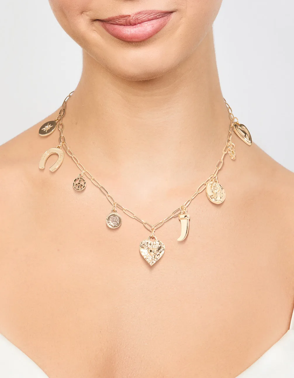 Gold Heart Celestial & Horseshoe Charm Necklace