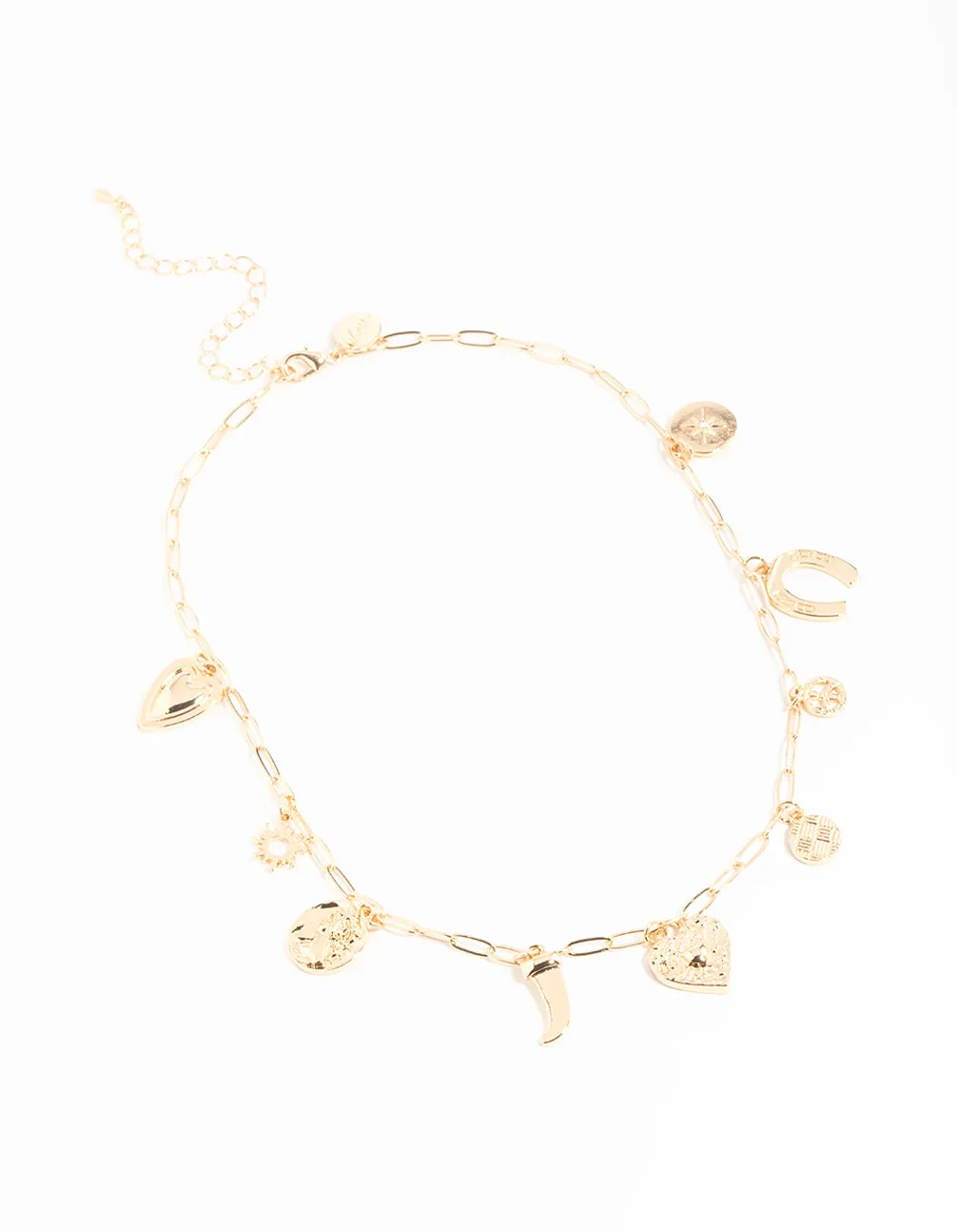 Gold Heart Celestial & Horseshoe Charm Necklace