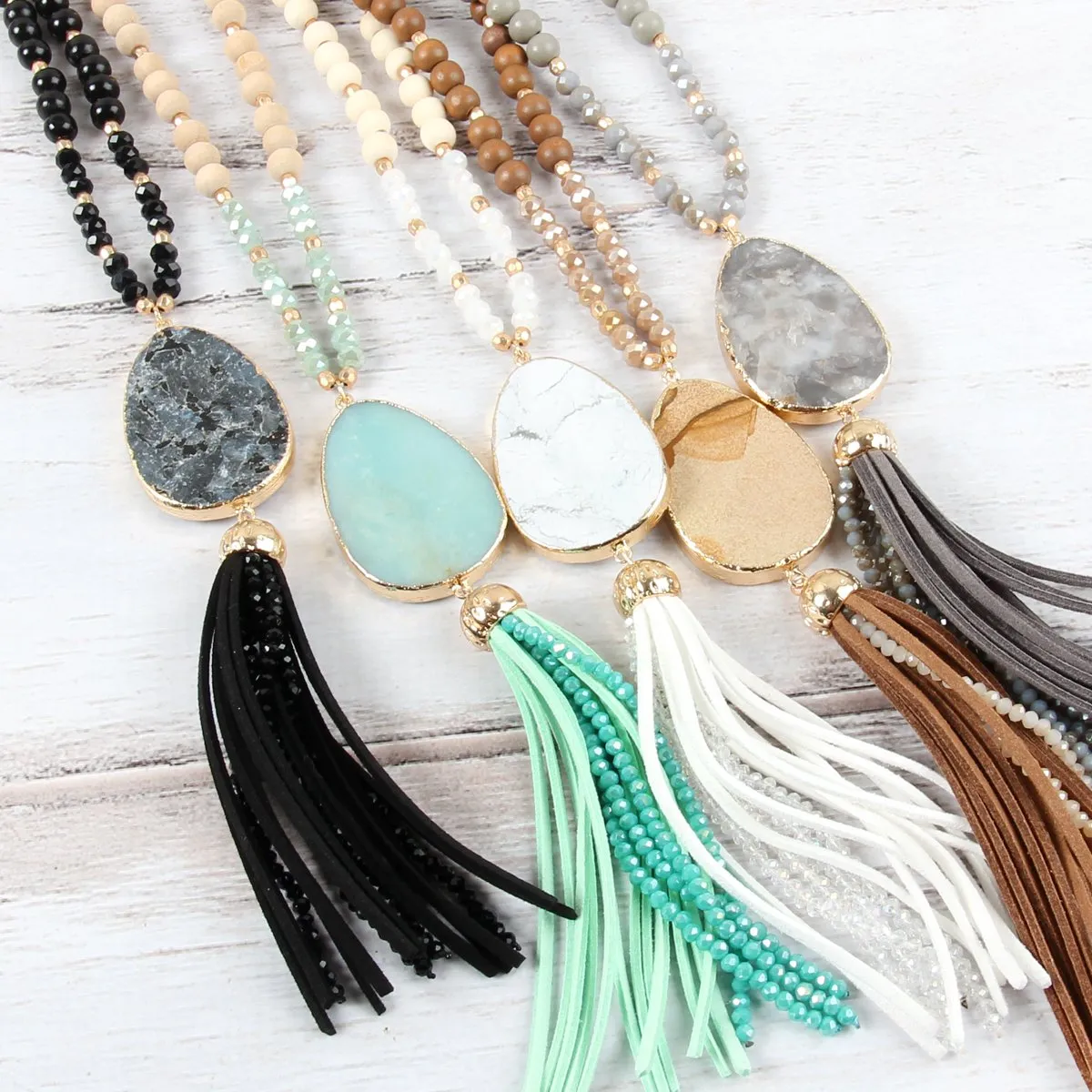 Hdn2755 - Natural Stone Tassel Pendant Necklace