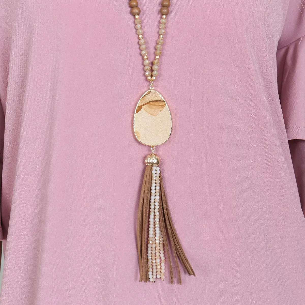 Hdn2755 - Natural Stone Tassel Pendant Necklace