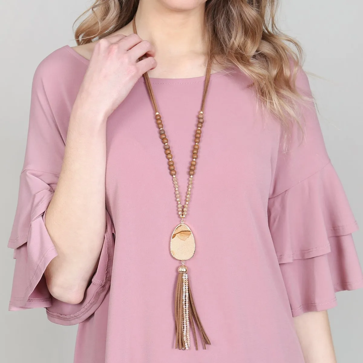 Hdn2755 - Natural Stone Tassel Pendant Necklace