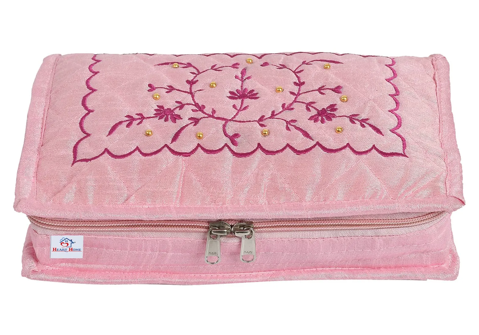Heart Home Embroidery Design Portable Jewellery Organizer With 6 Tranasparent Pockets For Keeps Your Jewellery,Earrings, Pendants Organized And Secure- Pack of 3 (Pink)