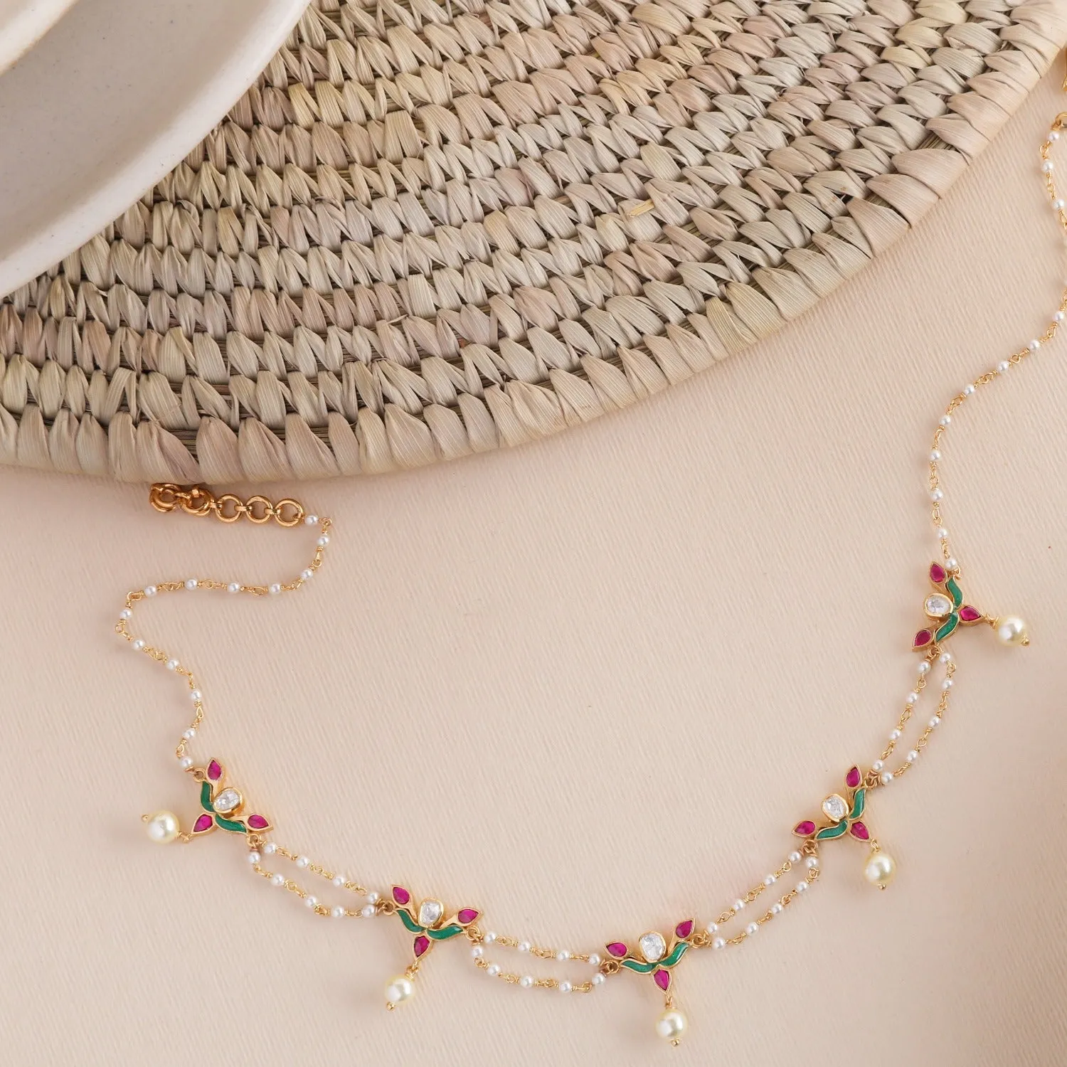 Kusum Gold Plated Jadau And Pearl Chain Choker