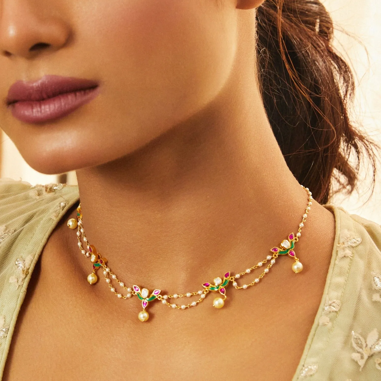 Kusum Gold Plated Jadau And Pearl Chain Choker