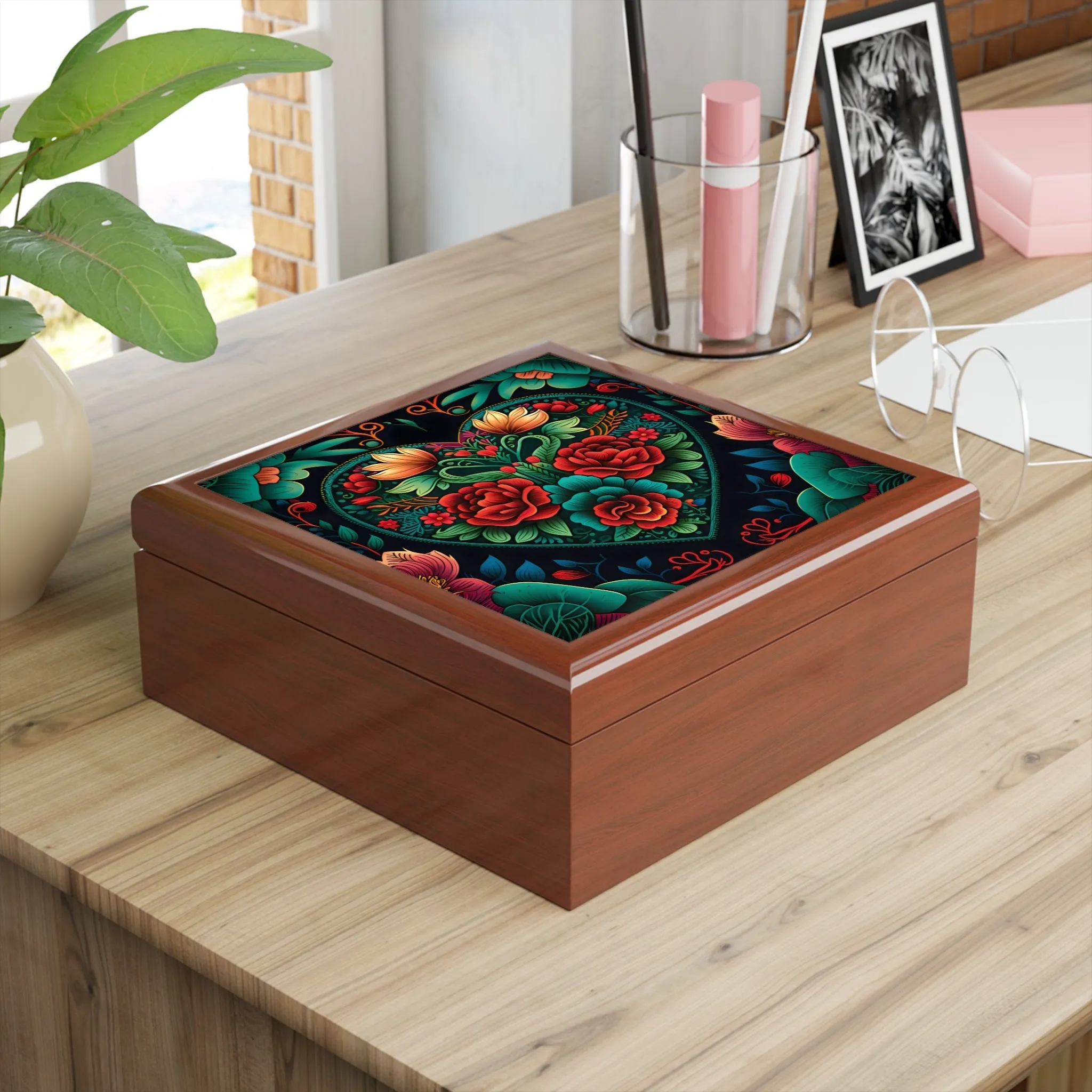 Meso-American Style  Heart  and Roses Jewelry Box