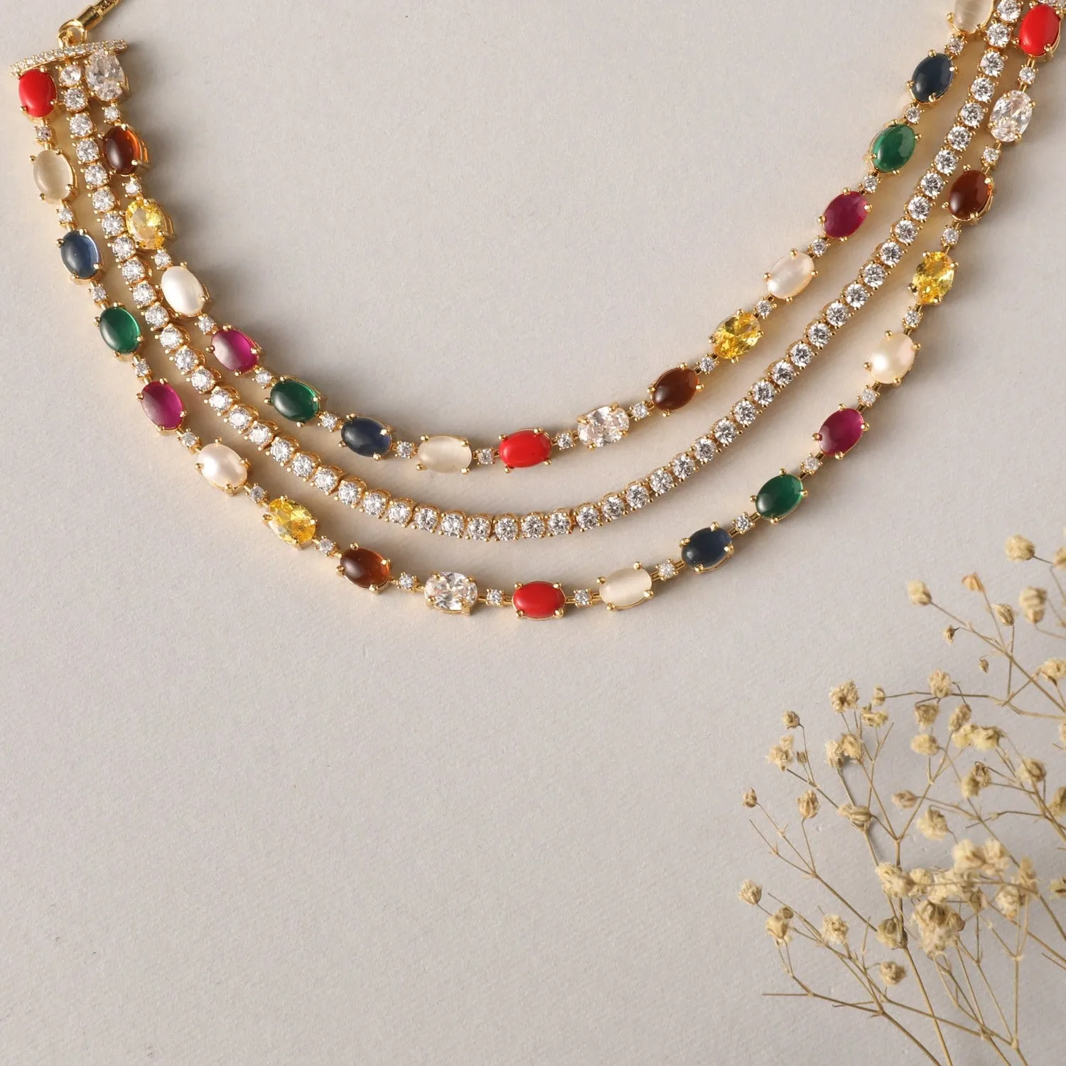 Navaratna and CZ Layered Silver Necklace