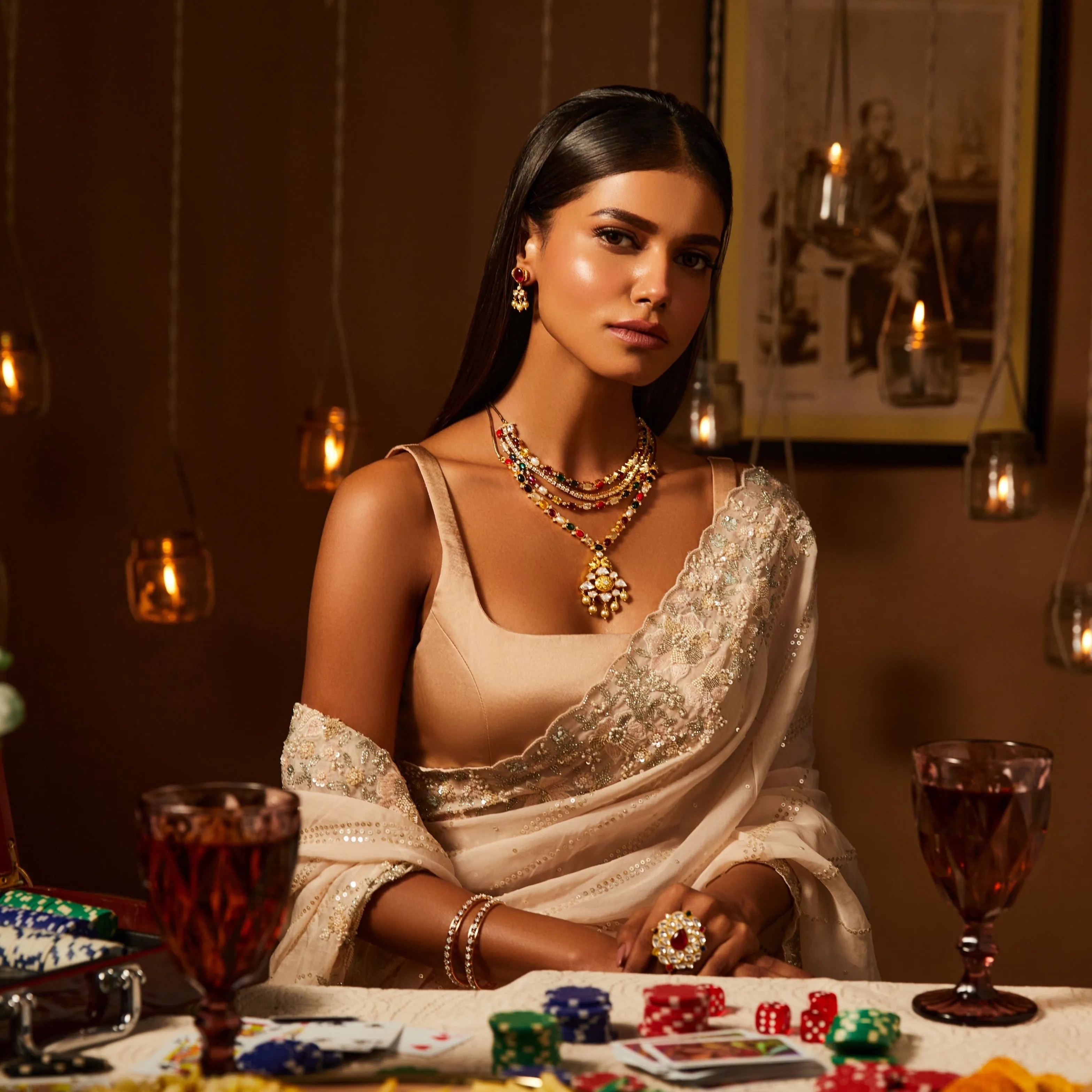 Navaratna and CZ Layered Silver Necklace