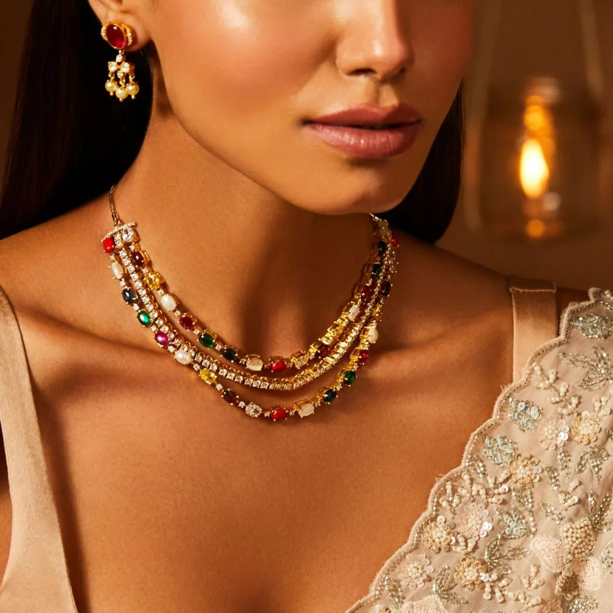 Navaratna and CZ Layered Silver Necklace