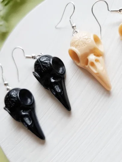 Quirky - Raven head skulls | gothic resin earrings| animal black bird funky earrings | halloween fun earrings | fantasy witch doctor magic