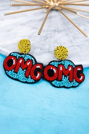 SALE! Red & Light Blue 'OMG' Seed Bead Earrings