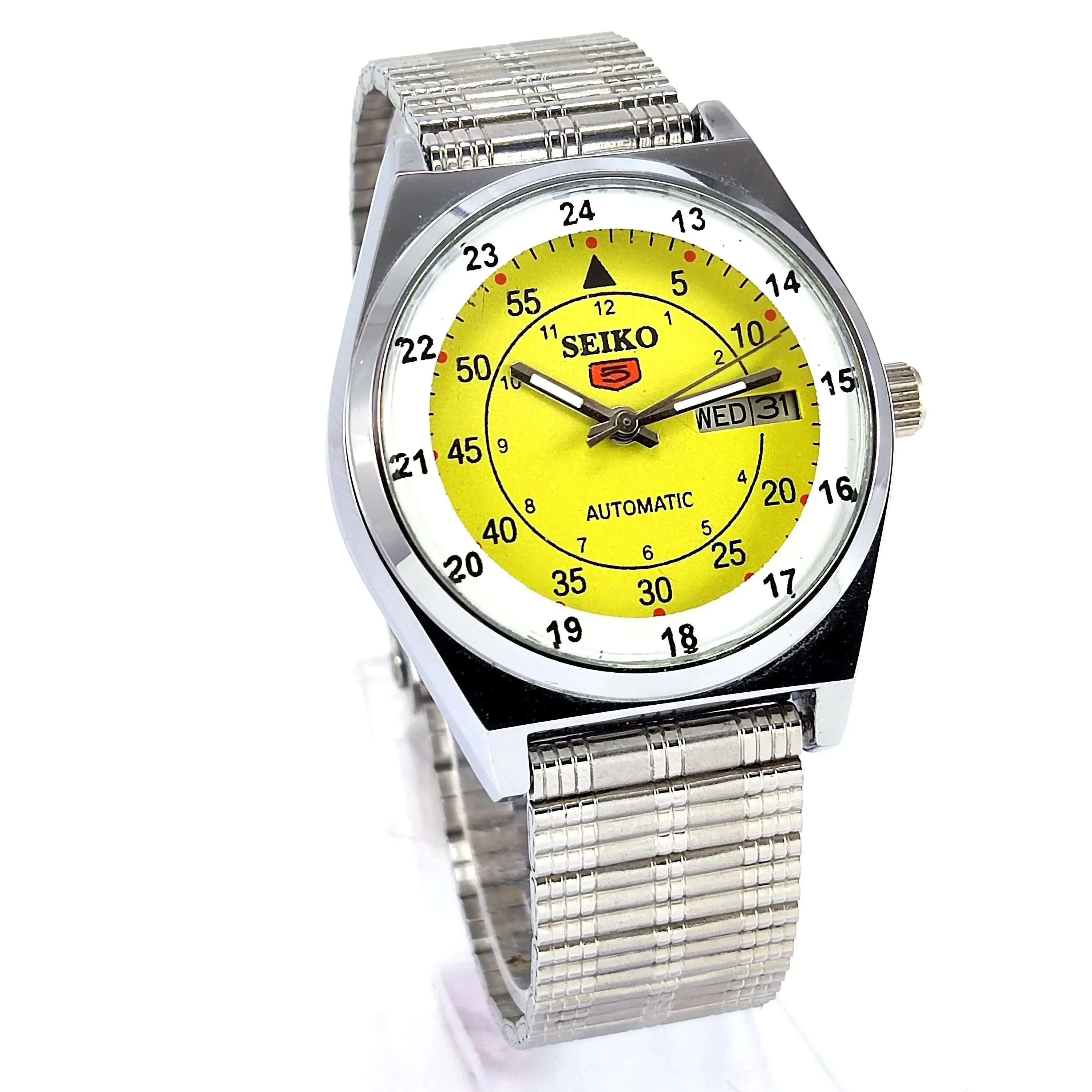 Seiko 5 Mechanical Automatic-6309 Yellow Dial 17 Jewels Day Date Men's Wrist Watch