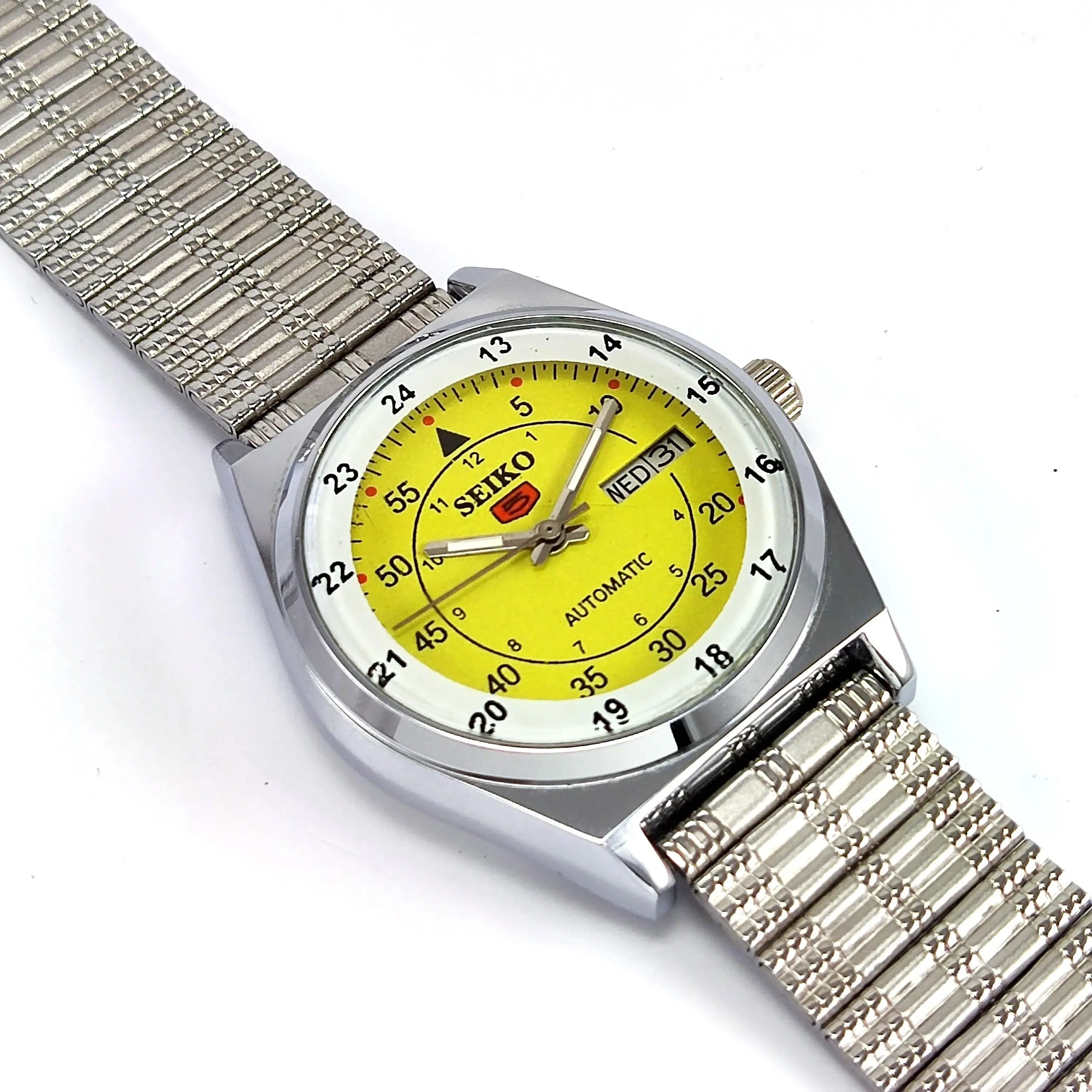 Seiko 5 Mechanical Automatic-6309 Yellow Dial 17 Jewels Day Date Men's Wrist Watch